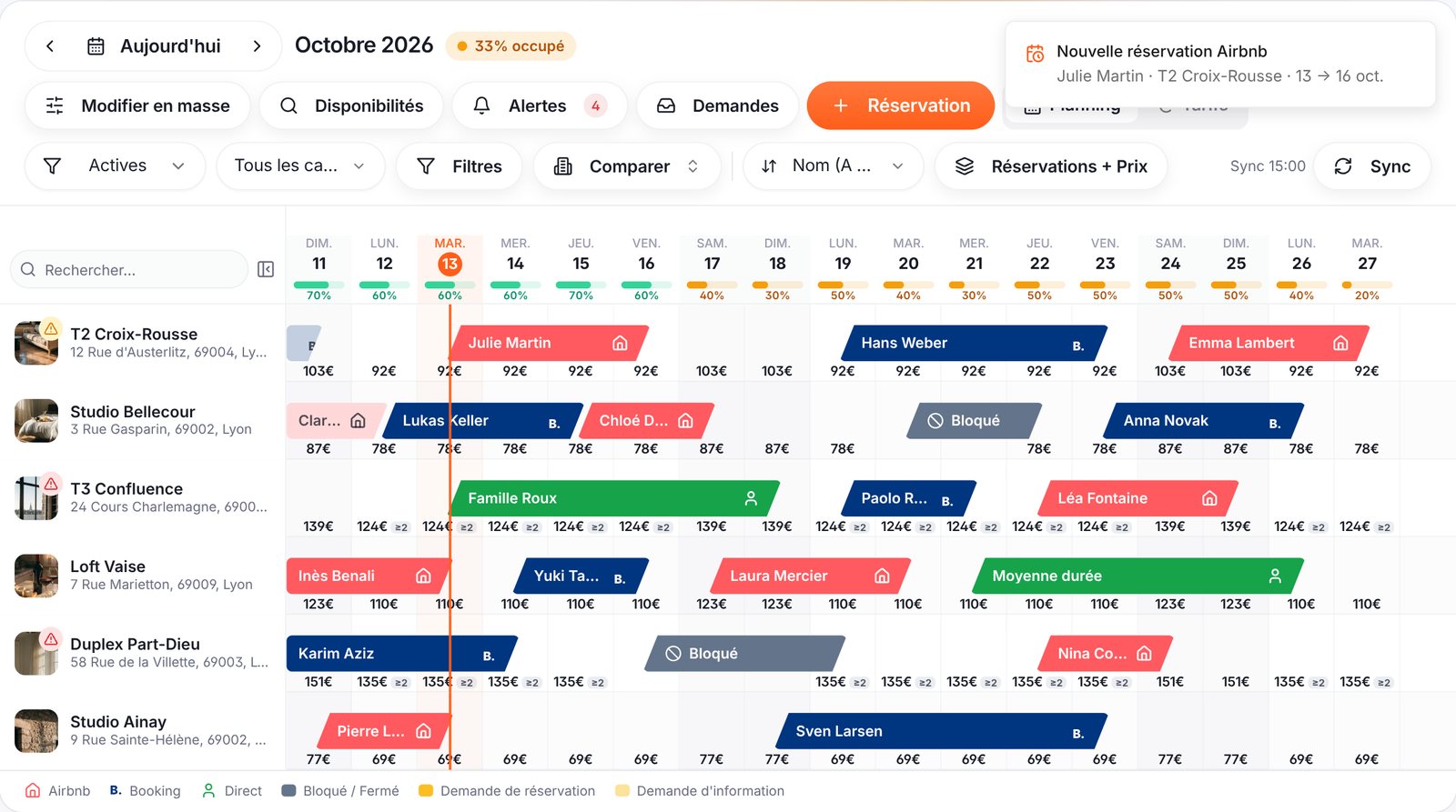 Nouvelle réservation Airbnb reçue dans le calendrier Noé
