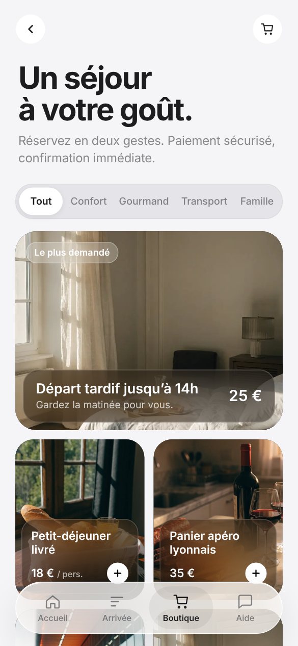 Boutique d'extras du livret d'accueil Noé : départ tardif, petit-déjeuner, panier apéro
