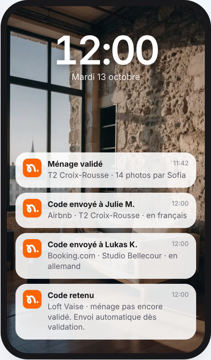 Notifications Noé : ménage validé avec 14 photos, code envoyé, code retenu